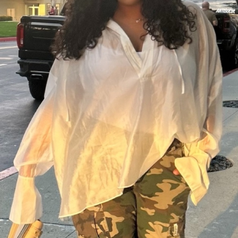 ELSA Sheer White V-Neck Tie Blouse
